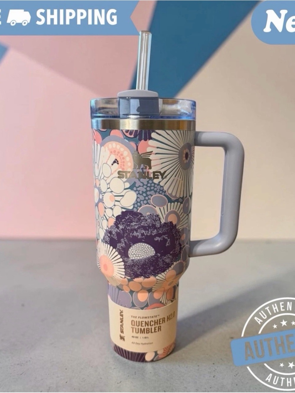 Stanley Quencher H2.0 FlowState 40 oz Tumbler Blue Dream Wildflower Straw Cup.